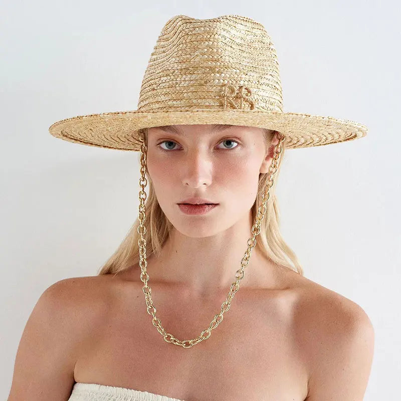 2025 New European American Fashion Design Natural Straw Hat Female Handmade Letter Sun Hat Metal Chain Sunshade Designer Hat